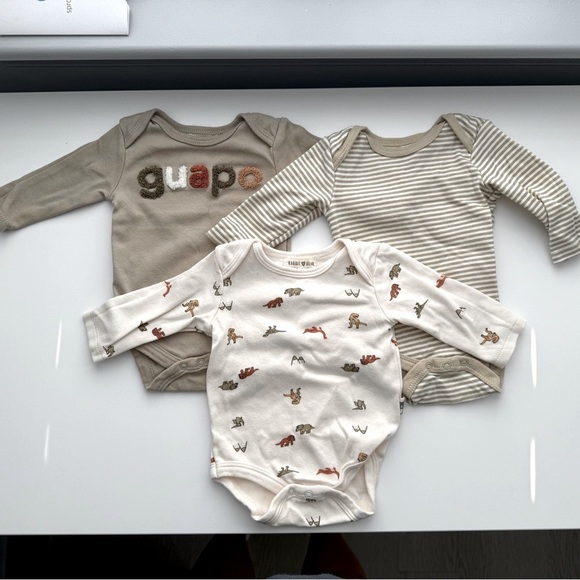 Rabbit + Bear Dinosaur and Striped Baby Long Sleeve Onesies Bodysuits Set of 3 - Picture 1 of 2